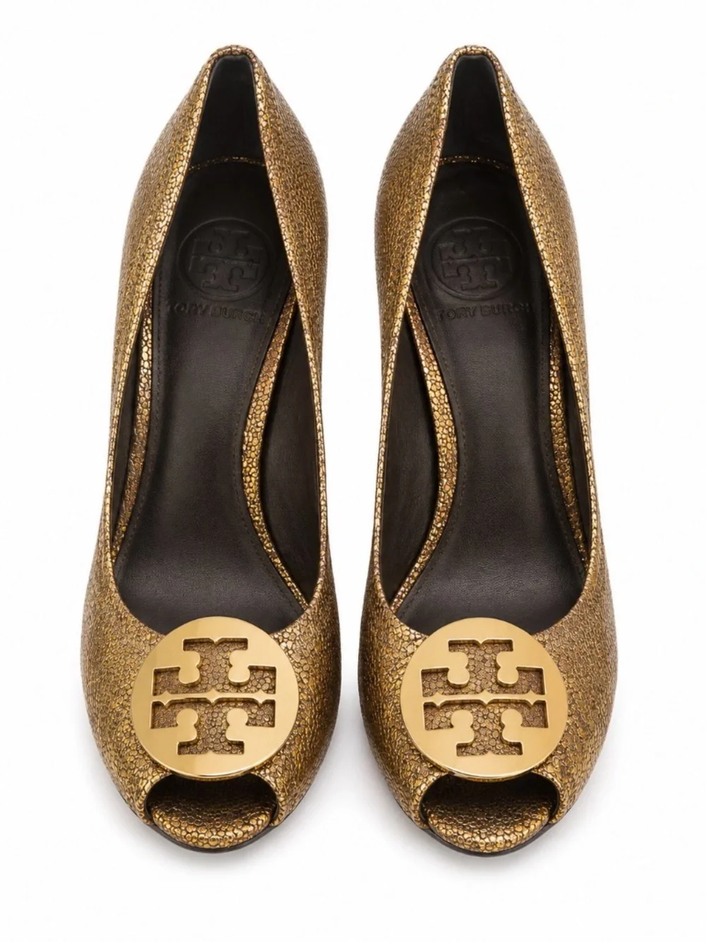 Tory Burch Metallic Gold Peep Toe Wedge Heels 4” Logo sz 9M